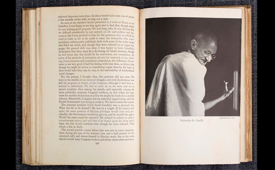 A page from Jawaharlal Nehru's autobiography titled Towards Freedom, featuring Mahatma Gandhi, is also part of the online auction. Towards Freedom: The Autobiography of Jawaharlal Nehru and The Discovery of India was written when he was imprisoned. A Bunch of Old Letters is a compilation of correspondence to and from him. All of these books give an insight into Nehru’s life before he became the Prime Minister of India| Published by the John Day Company, New York. Dedicated to Kamala. Ninth edition. A page from Jawaharlal Nehru's autobiography titled Towards Freedom, featuring Mahatma Gandhi, is also part of the online auction. Towards Freedom: The Autobiography of Jawaharlal Nehru and The Discovery of India was written when he was imprisoned. A Bunch of Old Letters is a compilation of correspondence to and from him. All of these books give an insight into Nehru’s life before he became the Prime Minister of India| Published by the John Day Company, New York. Dedicated to Kamala. Ninth edition.