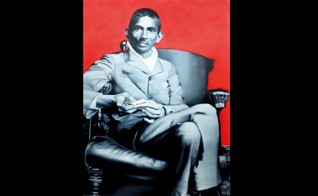 Despite his well-stated ambivalence over art for art’s sake, Gandhi has paradoxically emerged as the focus of intense aesthetic contemplation, an inspiring muse like none other of his time or since, the most drawn, painted, sculpted and photographed Indian of his age. In turn, at a time when his words and deeds are more or less forgotten or mis-remembered, the visual artist is Gandhi’s conscience keeper, reminding us of the meaning of the Mahatma in his own time and today | In the picture: Riyas Komu, 9_11_1906, 2016. Oil on canvas, 182.8 x 137.16 cm. With permission of the artist Despite his well-stated ambivalence over art for art’s sake, Gandhi has paradoxically emerged as the focus of intense aesthetic contemplation, an inspiring muse like none other of his time or since, the most drawn, painted, sculpted and photographed Indian of his age. In turn, at a time when his words and deeds are more or less forgotten or mis-remembered, the visual artist is Gandhi’s conscience keeper, reminding us of the meaning of the Mahatma in his own time and today | In the picture: Riyas Komu, 9_11_1906, 2016. Oil on canvas, 182.8 x 137.16 cm. With permission of the artist