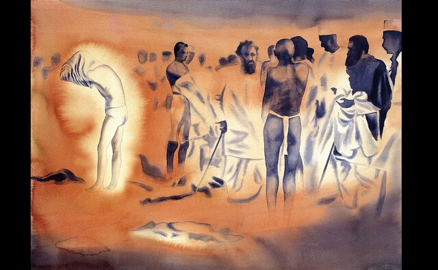 Gandhi is the only man among the great public figures and fathers of the nation of the 20th century who made such a public spectacle of his partly-clad body, putting in on visual display repeatedly and consistently | In the picture: Atul Dodiya, Sea-Bath (Before Breaking the Salt Law), 1998. Watercolour on paper, 55.8 x 76.2 cm. With permission of the artist Gandhi is the only man among the great public figures and fathers of the nation of the 20th century who made such a public spectacle of his partly-clad body, putting in on visual display repeatedly and consistently | In the picture: Atul Dodiya, Sea-Bath (Before Breaking the Salt Law), 1998. Watercolour on paper, 55.8 x 76.2 cm. With permission of the artist