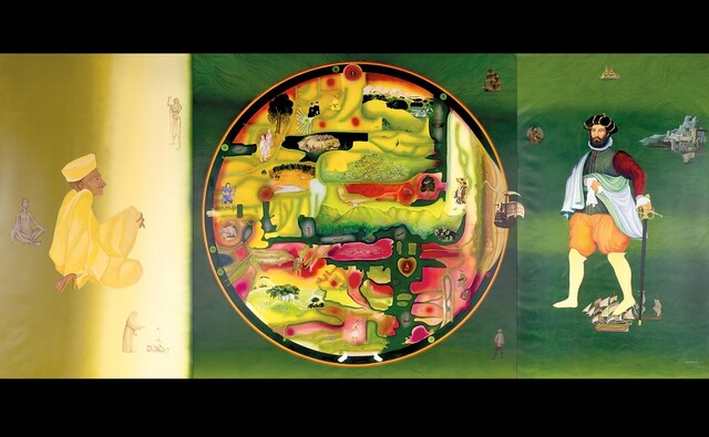 A hundred and fifty years after his birth, Gandhi is hyper visible across the Indian landscape from tea stalls and government offices to museums and galleries. This is ironical given that the Mahatma appeared to have had little time for the visual arts or for artists for that matter | In the picture: Gulammohammed Sheikh, Gandhi and Gama, 2014. Acrylic on canvas, 288 x 624 cm. With permission of the artist A hundred and fifty years after his birth, Gandhi is hyper visible across the Indian landscape from tea stalls and government offices to museums and galleries. This is ironical given that the Mahatma appeared to have had little time for the visual arts or for artists for that matter | In the picture: Gulammohammed Sheikh, Gandhi and Gama, 2014. Acrylic on canvas, 288 x 624 cm. With permission of the artist