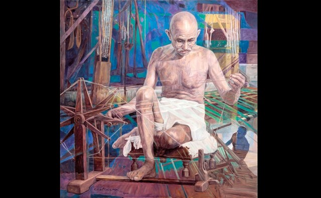 Many modern and contemporary Indian artists have emerged as Gandhi’s conscience-keepers, reminding others of the meaning of the Mahatma in his own time and today | In the picture: Gopal Swami Khetanchi, Spinning Alive, 2010. Oil on canvas, 106.68 x 106.68 cm. With permission of the artist Many modern and contemporary Indian artists have emerged as Gandhi’s conscience-keepers, reminding others of the meaning of the Mahatma in his own time and today | In the picture: Gopal Swami Khetanchi, Spinning Alive, 2010. Oil on canvas, 106.68 x 106.68 cm. With permission of the artist