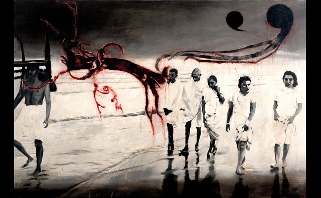 Focused on the iconic image of a striding Mahatma, clad in his trademark dhoti and carrying a staff , there are numerous ways in which artists have responded to Gandhi’s imagination of walking as a disobedient practice and as a counter to what he insisted was ‘the organized violence’ of the British government in India | In the picture: Atul Dodiya, Evening Walk on Juhu Beach, 2017. Oil on canvas, 137.16 x 198.12 cm. With permission of the artist Focused on the iconic image of a striding Mahatma, clad in his trademark dhoti and carrying a staff , there are numerous ways in which artists have responded to Gandhi’s imagination of walking as a disobedient practice and as a counter to what he insisted was ‘the organized violence’ of the British government in India | In the picture: Atul Dodiya, Evening Walk on Juhu Beach, 2017. Oil on canvas, 137.16 x 198.12 cm. With permission of the artist