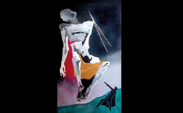 When the Mahatma was alive, he declared that there was an art to dying as there was to living. So, what does Gandhi’s art dying look like when it is materialized as artwork? | In the picture: Maqbool Fida Husain, Assassination of Gandhi, n.d. Acrylic on canvas, 163 x 95 cm. Collection of Srinivas Aravamudan and Ranjana Khanna When the Mahatma was alive, he declared that there was an art to dying as there was to living. So, what does Gandhi’s art dying look like when it is materialized as artwork? | In the picture: Maqbool Fida Husain, Assassination of Gandhi, n.d. Acrylic on canvas, 163 x 95 cm. Collection of Srinivas Aravamudan and Ranjana Khanna