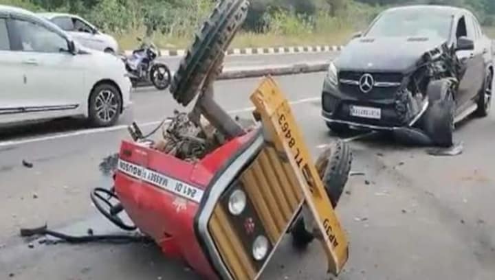 Tractor breaks into two parts after collision with Mercedes Benz