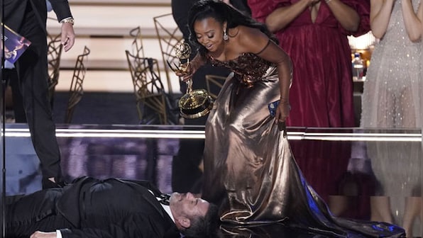 Emmys 2022: Here's what happened when Jimmy Kimmel pretended to lie drunk on stage during Quinta Brunson's speech