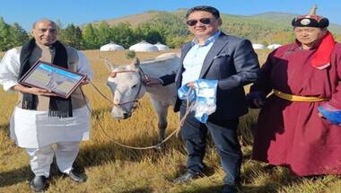 Defence Minister Rajnath Singh receives majestic horse as gift from Mongolian President Khurelsukh