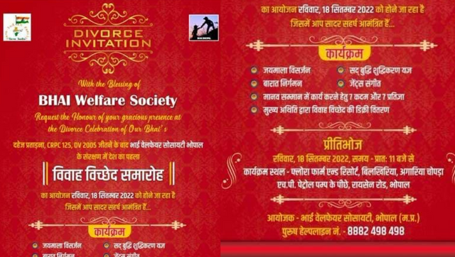 Divorce celebrations for 18 men in Bhopal goes viral; invitation lists events including fire ritual for wisdom Divorce celebrations for 18 men in Bhopal goes viral; invitation lists events including fire ritual for wisdom