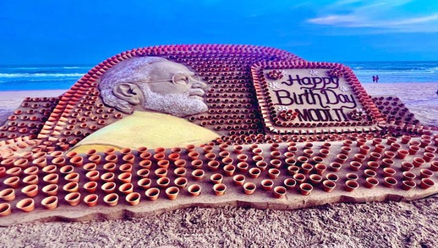 PM Modi Birthday: Sand artist Sudarsan Pattnaik creates sculpture using 1,213 mud cups PM Modi Birthday: Sand artist Sudarsan Pattnaik creates sculpture using 1,213 mud cups