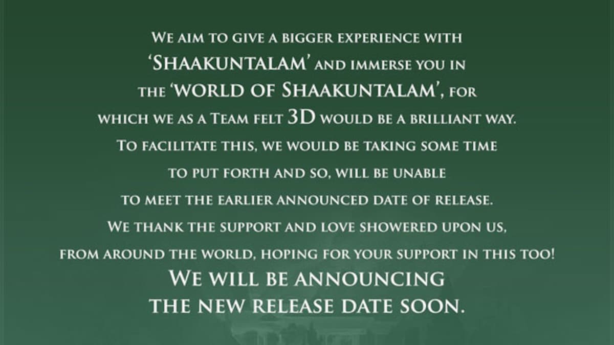 Samantha Ruth Prabhu and Dev Mohan-starrer Shaakuntalam to now release in 3D; official announcement soon – Firstpost