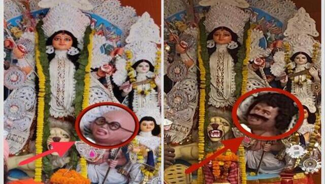 Hindu Mahasabha puts hair, moustache on Gandhi's look-alike asur at Kolkata puja pandal following outrage Hindu Mahasabha puts hair, moustache on Gandhi's look-alike asur at Kolkata puja pandal following outrage