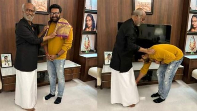 Rishab Shetty meets Rajinikanth after Kantara's success, touches his feet and shares post with fans Rishab Shetty meets Rajinikanth after Kantara's success, touches his feet and shares post with fans