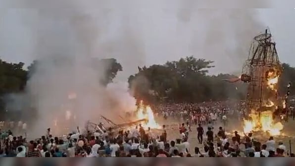 WATCH: Narrow escape for Dussehra revellers as burning effigy of Ravana falls in Haryana's Yamunanagar