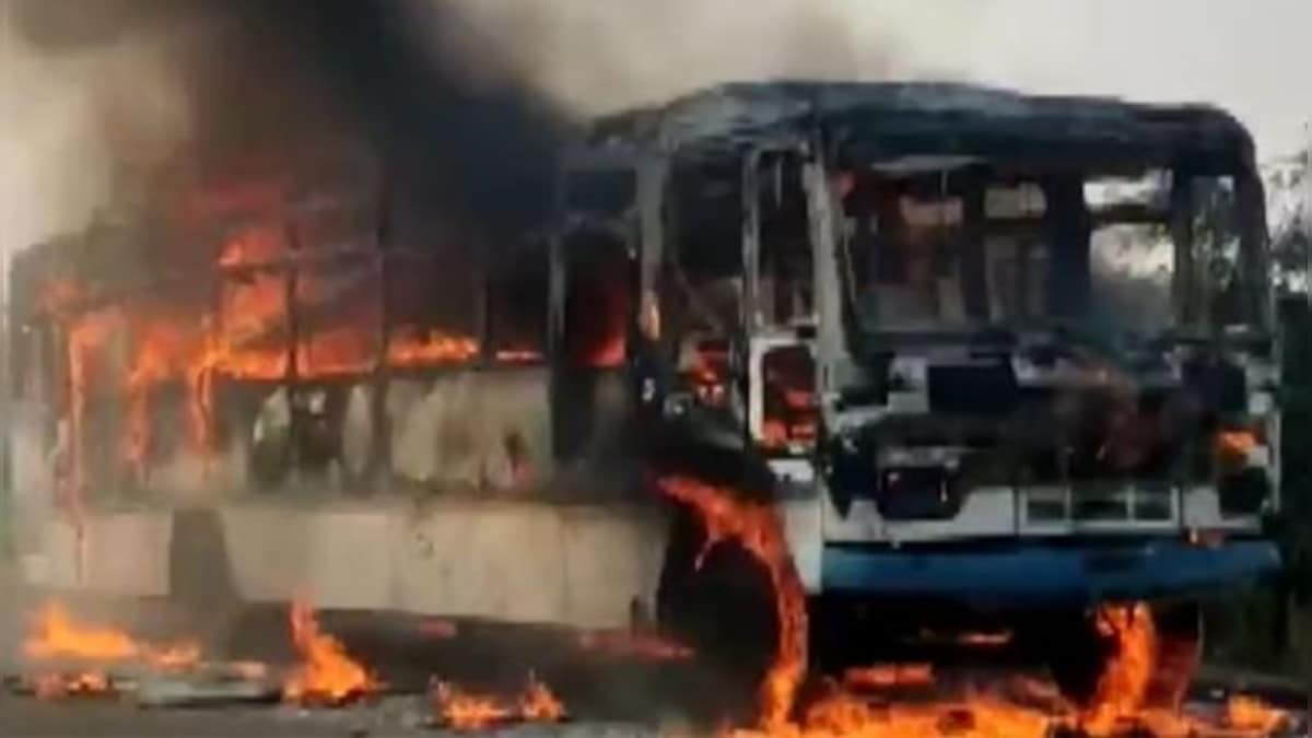 WATCH: MSRTC bus with 35 onboard catches fire on Amravati-Nagpur National Highway