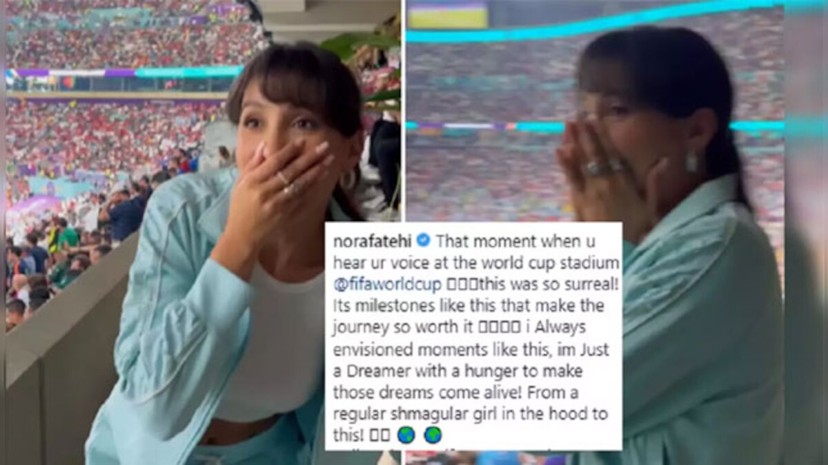 FIFA World Cup 2022: Nora Fatehi stunned to hear her voice at match in Qatar, watch her priceless reaction