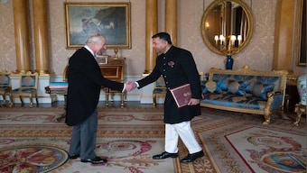 Indian High Commissioner Vikram Doraiswami presents credentials to King Charles III at Buckingham Palace