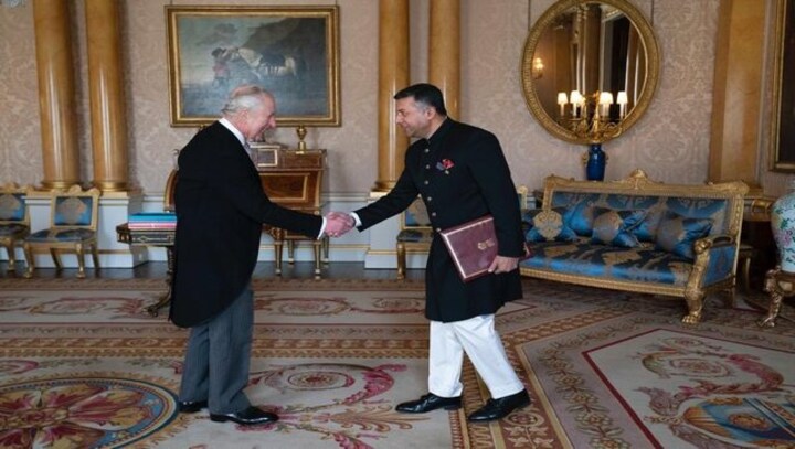 Indian High Commissioner Vikram Doraiswami presents credentials to King Charles III at Buckingham Palace