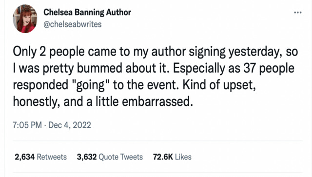 Debut author shares experience of lonely book signing; Stephen King, Margaret Atwood and Neil Gaiman respond Debut author shares experience of lonely book signing; Stephen King, Margaret Atwood and Neil Gaiman respond