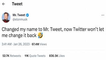 Elon Musk changes his Twitter username to 'Mr Tweet', says unable to 'change it back' now