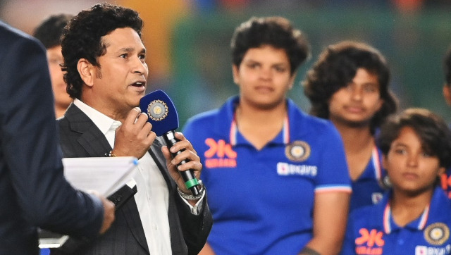 Sachin Tendulkar felicitates World Cup-winning U-19 women's cricket team in Ahmedabad; watch video Sachin Tendulkar felicitates World Cup-winning U-19 women's cricket team in Ahmedabad; watch video