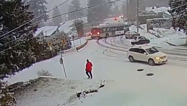 Watch: Public bus skids on snow-covered road in Canada, collides with nearby car Watch: Public bus skids on snow-covered road in Canada, collides with nearby car