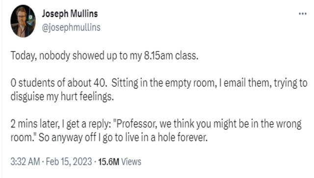 Professor waits for students in wrong room, hilarious blunder leaves internet in splits Professor waits for students in wrong room, hilarious blunder leaves internet in splits