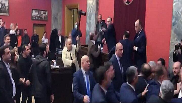 'You punch, I punch': Watch as Georgian lawmakers brawl in parliament over proposed 'foreign agents' law 