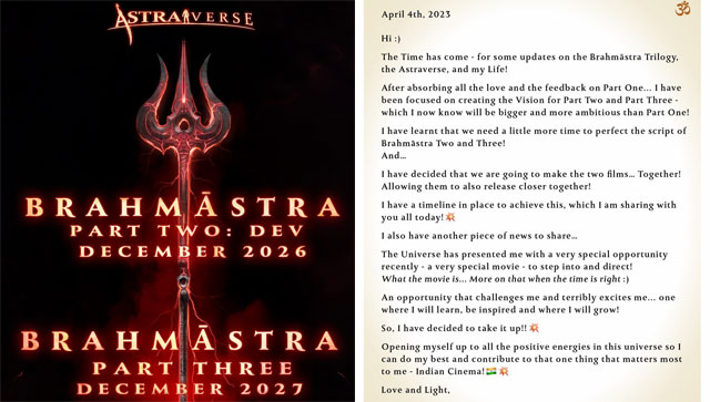 'The Next Phase' of Ayan Mukerji begins as filmmaker announces the release of Brahmastra Part 2 and 3 'The Next Phase' of Ayan Mukerji begins as filmmaker announces the release of Brahmastra Part 2 and 3