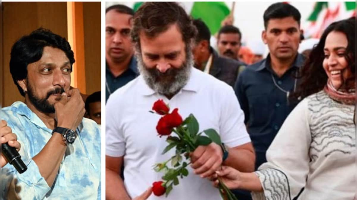 Congress takes jibe over Kiccha Sudeepa's support to BJP; party counters with Swara Bhasker's red rose to Rahul Gandhi