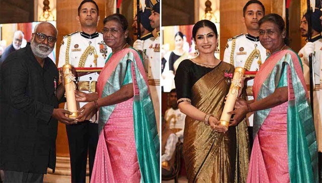 President Droupadi Murmu honours Raveena Tandon and MM Keeravani with Padma Shri award President Droupadi Murmu honours Raveena Tandon and MM Keeravani with Padma Shri award