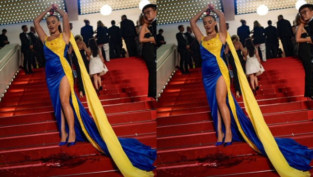 Woman draped in colours of the Ukrainian flag pours fake blood on herself at Cannes red carpet Woman draped in colours of the Ukrainian flag pours fake blood on herself at Cannes red carpet