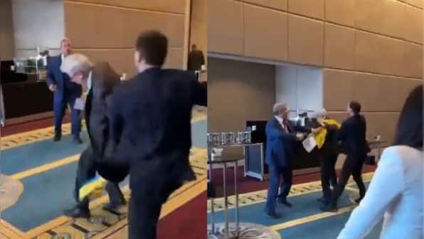 WATCH: Ukrainian MP punches Russian official in the face after he snatches flag at Turkey summit