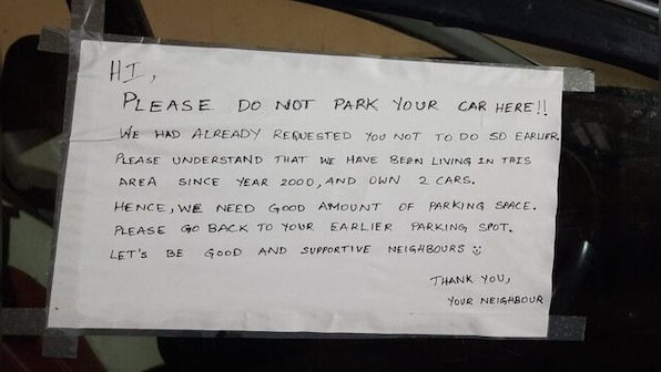 'Please don't park here': Bengaluru neighbour's polite note pasted on ...