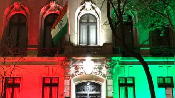PM Modi's US Visit: Indian embassy in New York resplendent in vibrant Tricolour