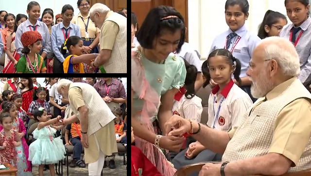 WATCH: On Raksha Bandhan 2023, Delhi school girls tie rakhi to PM Modi WATCH: On Raksha Bandhan 2023, Delhi school girls tie rakhi to PM Modi