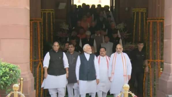 WATCH: Led by PM Modi, MPs raise 'Bharat Mata Ki Jai' slogans as they march towards new Parliament building