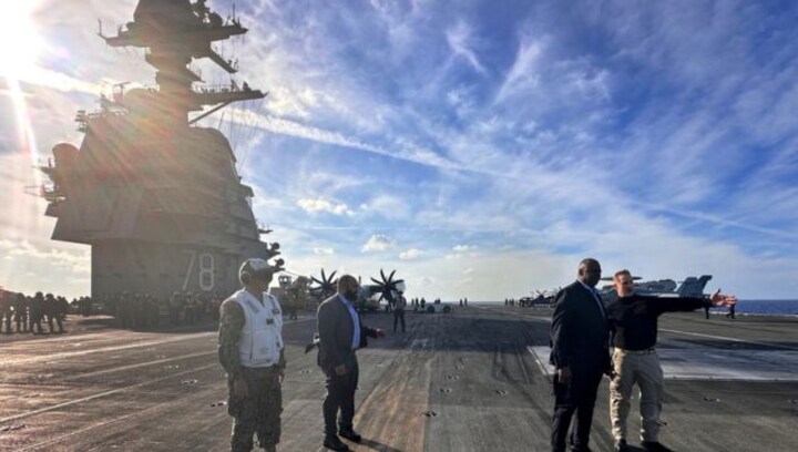 US defence secretary makes visits USS Gerald R Ford aircraft carrier defending Israel