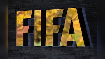 The FIFA logo is shown in Zurich, Switzerland. AP