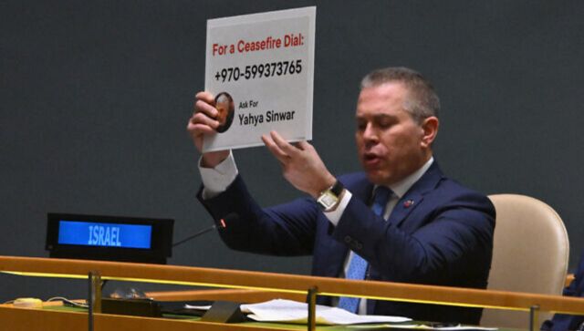 Dial 'S' for ceasefire: Israel's envoy to UN raises placard with Hamas leader Yahya Sinwar's phone number Dial 'S' for ceasefire: Israel's envoy to UN raises placard with Hamas leader Yahya Sinwar's phone number