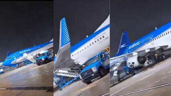 WATCH: Severe storm forces airplane 'take off' on its own, collides with staircase in 100mph winds