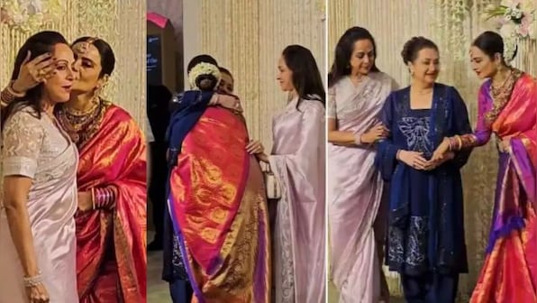 WATCH: Rekha kisses Hema Malini at Ira Khan-Nupur Shikhare wedding reception, also poses with Saira Banu