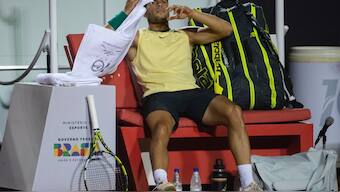 Carlos Alcaraz reacts after injuring his ankle during the Rio Open Tennis tournament. AP