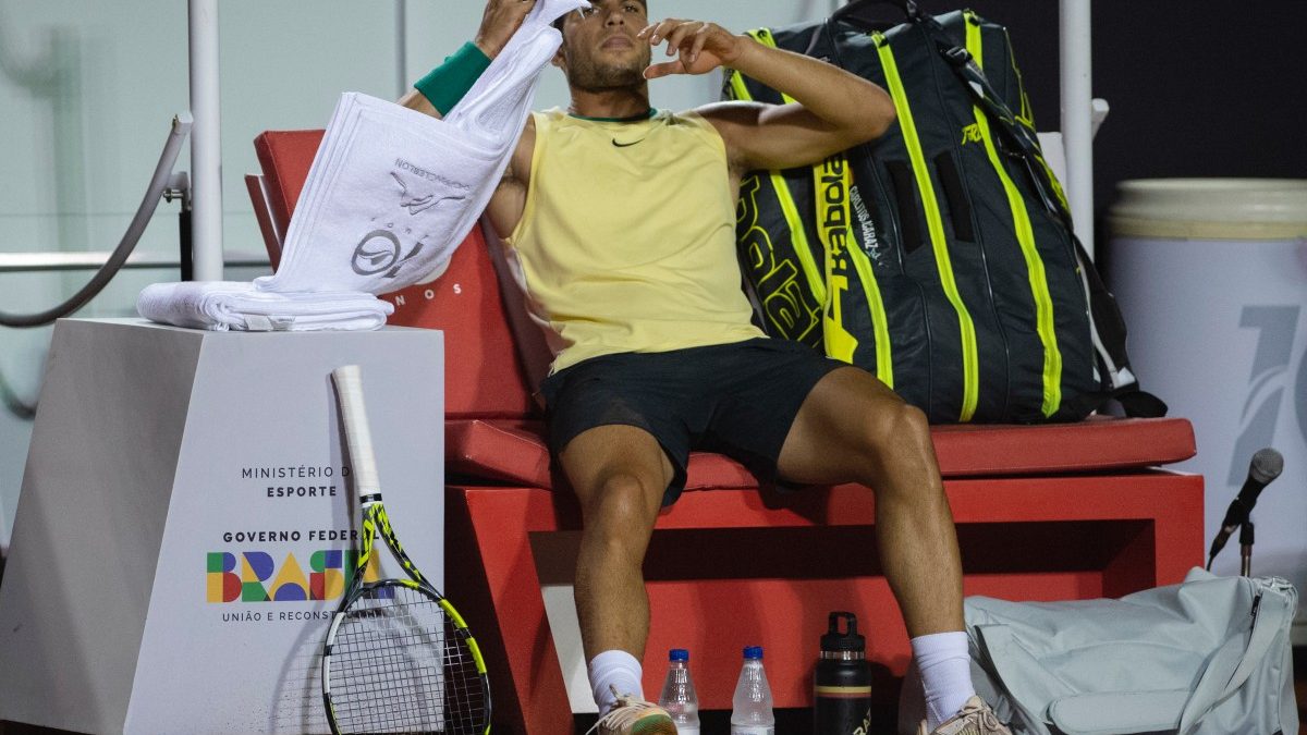 Carlos Alcaraz reacts after injuring his ankle during the Rio Open Tennis tournament. AP Carlos Alcaraz reacts after injuring his ankle during the Rio Open Tennis tournament. AP