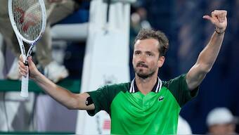 Daniil Medvedev celebrates after beating Alexander Shevchenko of Kazakhstan during a match of the Dubai Duty Free Tennis Championships in Dubai. AP