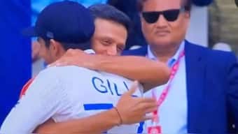 Rahul Dravid hugs Shubman Gill after the fourth Test between India and England in Ranchi on Monday. Image: Screengrab 
