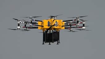 (File) A carrier drone used for transporting heavy objects drone at the Drone Shakti 2023 exhibition at the Hindon Air Force Station on 25 September, 2023. PTI