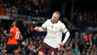 Manchester City's Erling Haaland reacts after scoring during the FA Cup 5th round match against Luton Town. AP