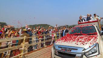 (File) Prime Minister Narendra Modi with Assam Chief Minster Himanta Biswa Sarma arrives to attend the inauguration and foundation stone laying ceremony of various developmental projects, in Guwahati on 4 February, 2024. PTI