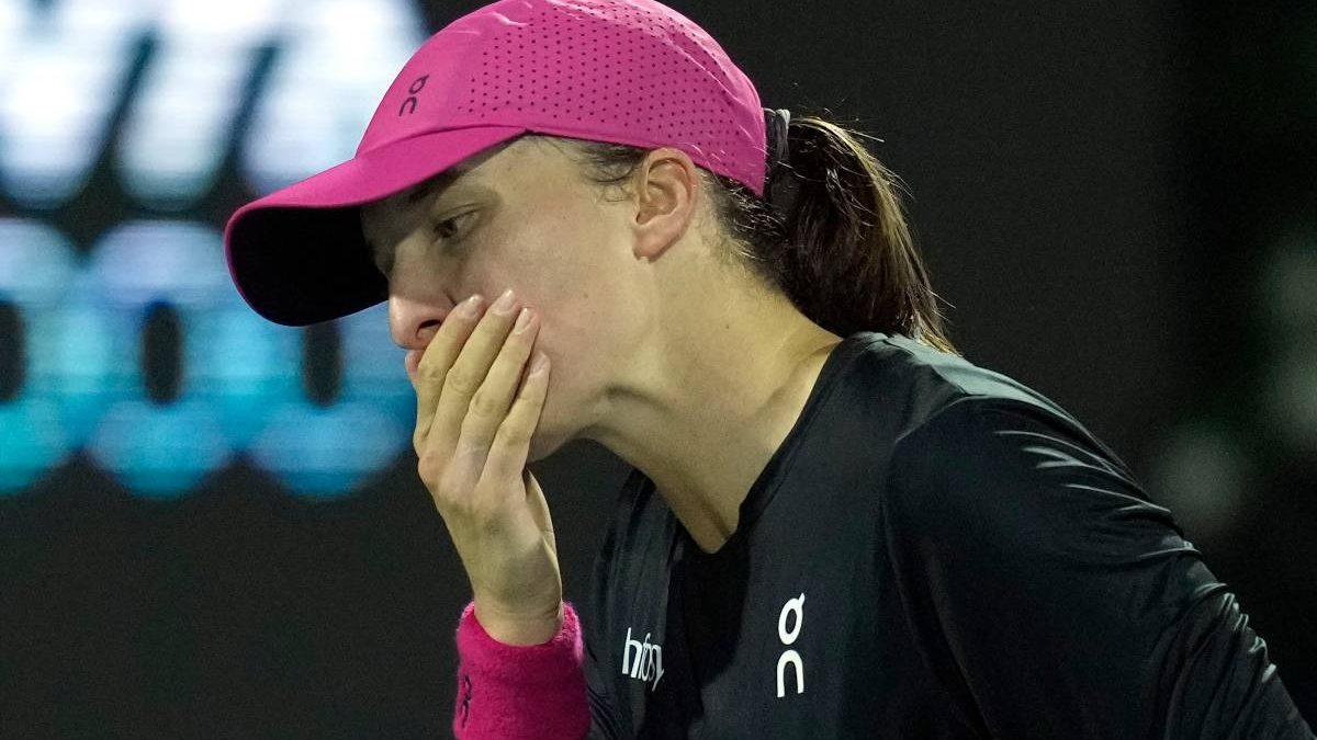 Iga Swiatek reacts after missing a ball against Anna Kalinskaya during a semi final match of the Dubai Duty Free Tennis Championships. AP Iga Swiatek reacts after missing a ball against Anna Kalinskaya during a semi final match of the Dubai Duty Free Tennis Championships. AP