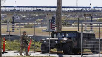 Texas Department of Public Safety Officers guard an entrance to Shelby Park on 11 January 2024. AP File Photo