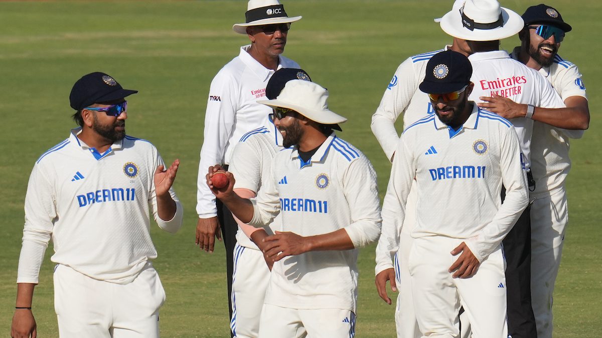Rohit Sharma Captain of India and Ravindra Jadeja of India after winning the fourth day of the 3rd Test match between India and England held at the Niranjan Shah Stadium Rajkot on the 18th February 2024
Photo by Faheem Hussain / Sportzpics for BCCI Rohit Sharma Captain of India and Ravindra Jadeja of India after winning the fourth day of the 3rd Test match between India and England held at the Niranjan Shah Stadium Rajkot on the 18th February 2024
Photo by Faheem Hussain / Sportzpics for BCCI